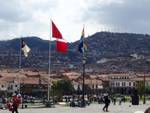 The City, Country, and Province flags of Cuzco, Peru, L-R.